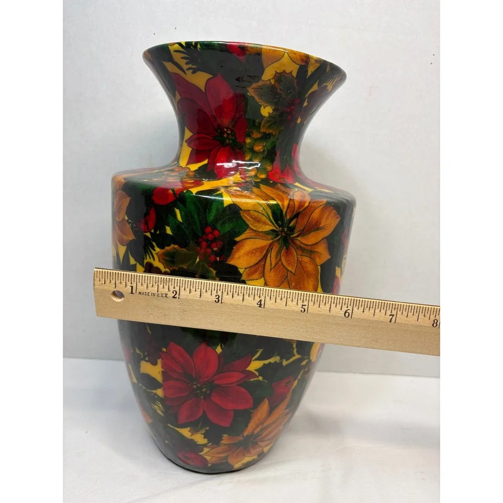 Poinsettia Floral Vase Multicolor Glossy Ceramic 12 Inch Christmas